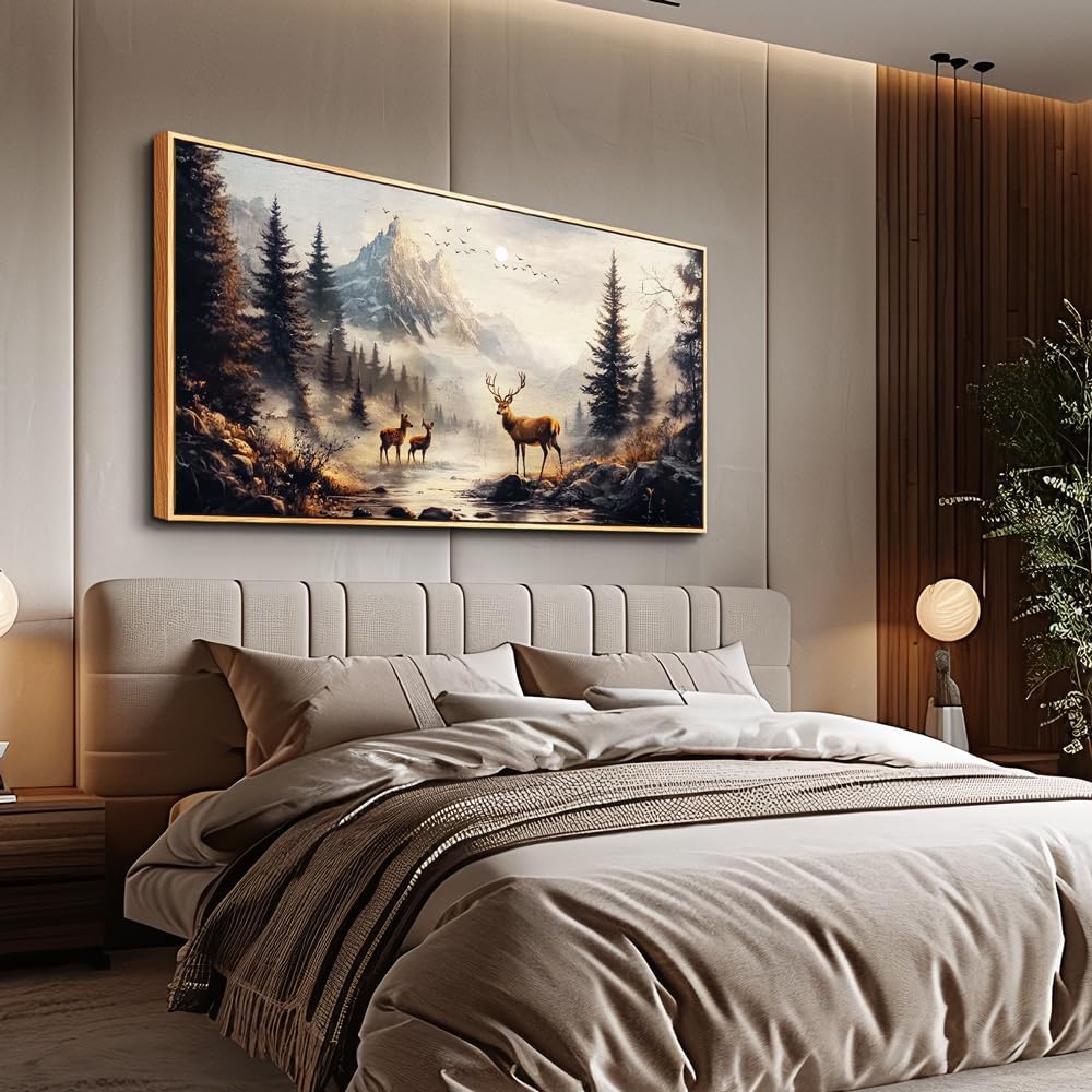 KELIYUAN Large Canvas Wall Decor For Living Room Wall Art For Bedroom Office Murals Landscape Painting Of Elk Mountain Wall Pictures Restaurant Room Modern Home Decoration Wood Framed 24'X48'