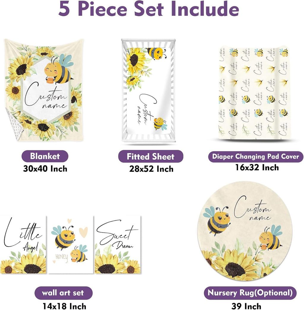 Personalized Baby Crib Bedding Set for Baby Girls, Yellow Bee Pattern Custom Name Baby Crib Sets 5-Pcs, Toddler Double Layer Blanket Fitted Sheets Changing Pad Cover Rug Wall Art Set