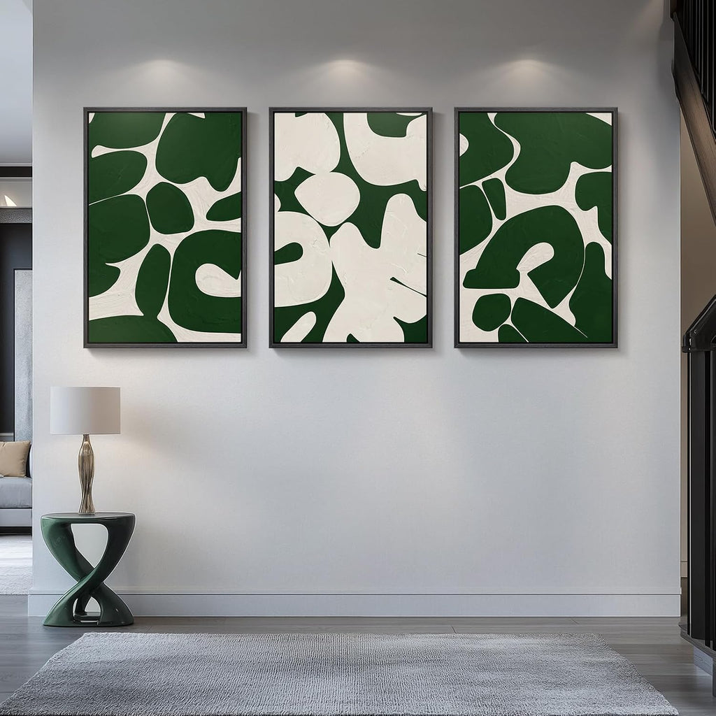 Large Framed Green and White Abstract Wall Art for Living Room, Set of 3 Minimalist Canvas Prints Paintings Artwork for Walls, Mid-Century Modern Pictures for Entryway, Hallway Wall Decor 24x36 In