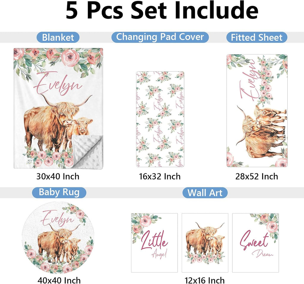 KAINSY Personalized Nursery Bedding - 5 Pcs Custom Baby Crib Set with Name, Double Layer Crib Bedding for Girls, Cows and Flowers Theme
