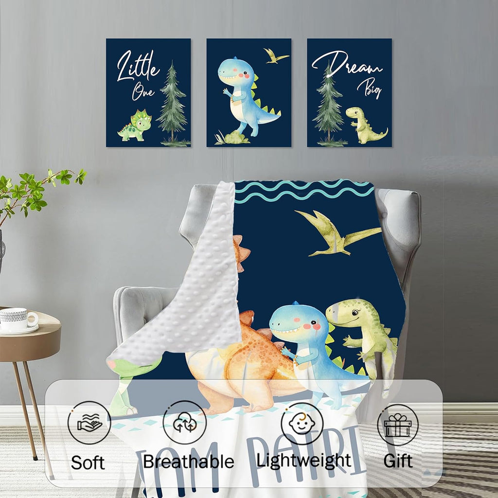TOOTANN Custom Baby Crib Bedding Set, 5 Pcs Personalized Name Baby Crib Sheets for Kid Toddler Infant, Dark Blue Cartoon Dinosaurs Nursery Bedding Set