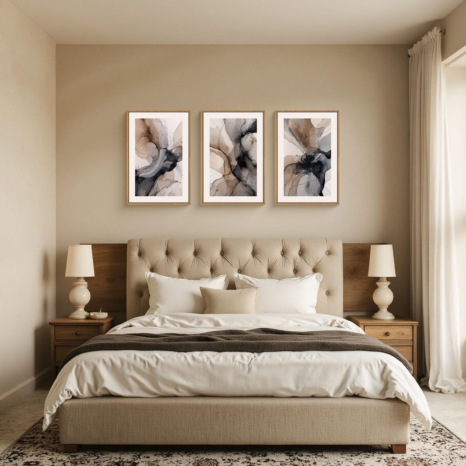 Celestdeco Large Abstract Neutral Framed Canvas Wall Art,Watercolor Black Ink Wall Decor,Modern Beige Brown Prints,Minimalist Line Artwork for Living Room,Bedroom,Dining Room,Office-24 x36 x3
