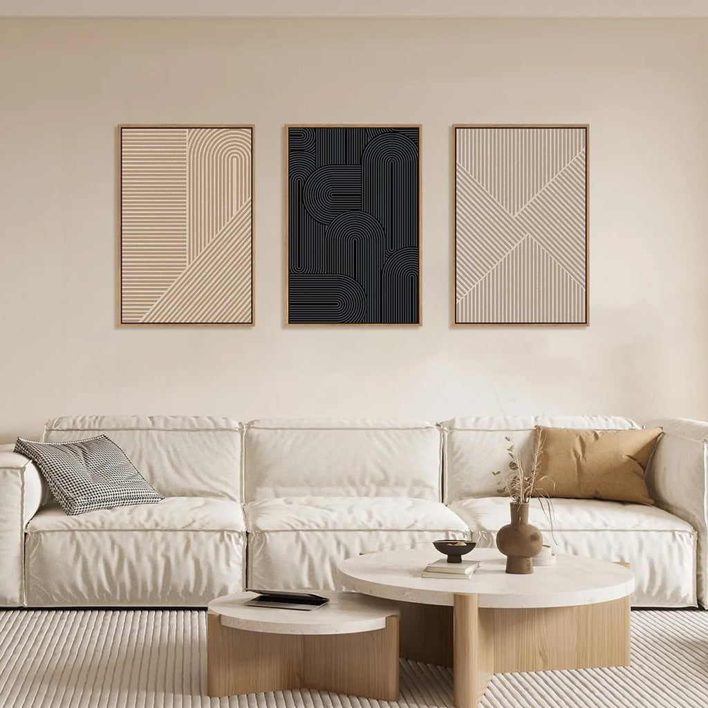 LHIUEM Large Abstract Textured Line Framed Canvas Wall Art,Boho Beige Black Wall Decor,Modern Neutral Minimalist Art Painting Painting for Living Room,Bedroom,Dining Room,Office -24'x36'x3