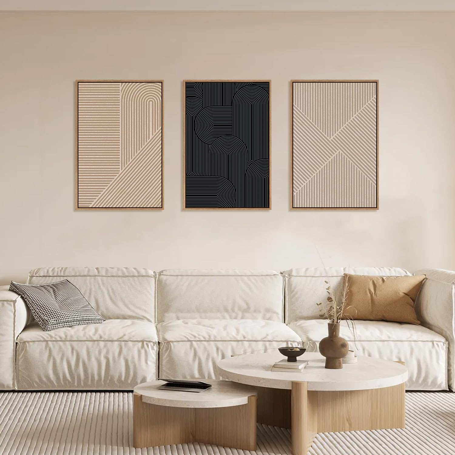 LHIUEM Large Abstract Textured Line Framed Canvas Wall Art,Boho Beige Black Wall Decor,Modern Neutral Minimalist Art Painting Painting for Living Room,Bedroom,Dining Room,Office -24'x36'x3
