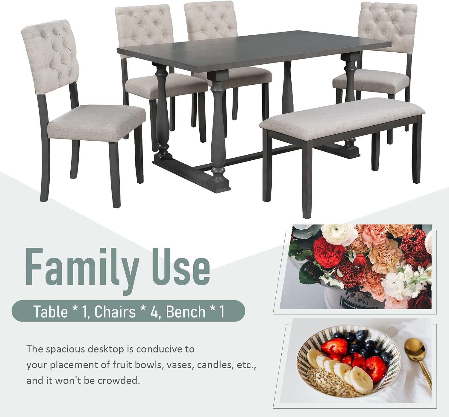 Retro 6-Piece Kitchen Dining Table Set with Comfortable Upholstery Chairs and Bench, Solid Wood Dining Table with Special-Shaped Legs, Suitable for Family Use (Gray-Comfort)