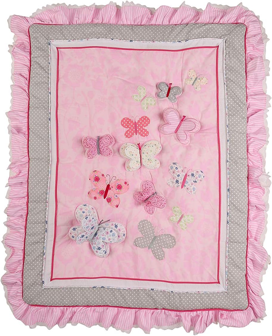 5 PCs Cotton Pink Embroidery Butterfly Nursery Crib Bedding Set Heavy Duty Cotton Butterfly Themed Baby Girl Cot Bedding Set Quilt /Fitted Sheet x 2/ Diaper Storage Bag /Window Valance , 28 X 52