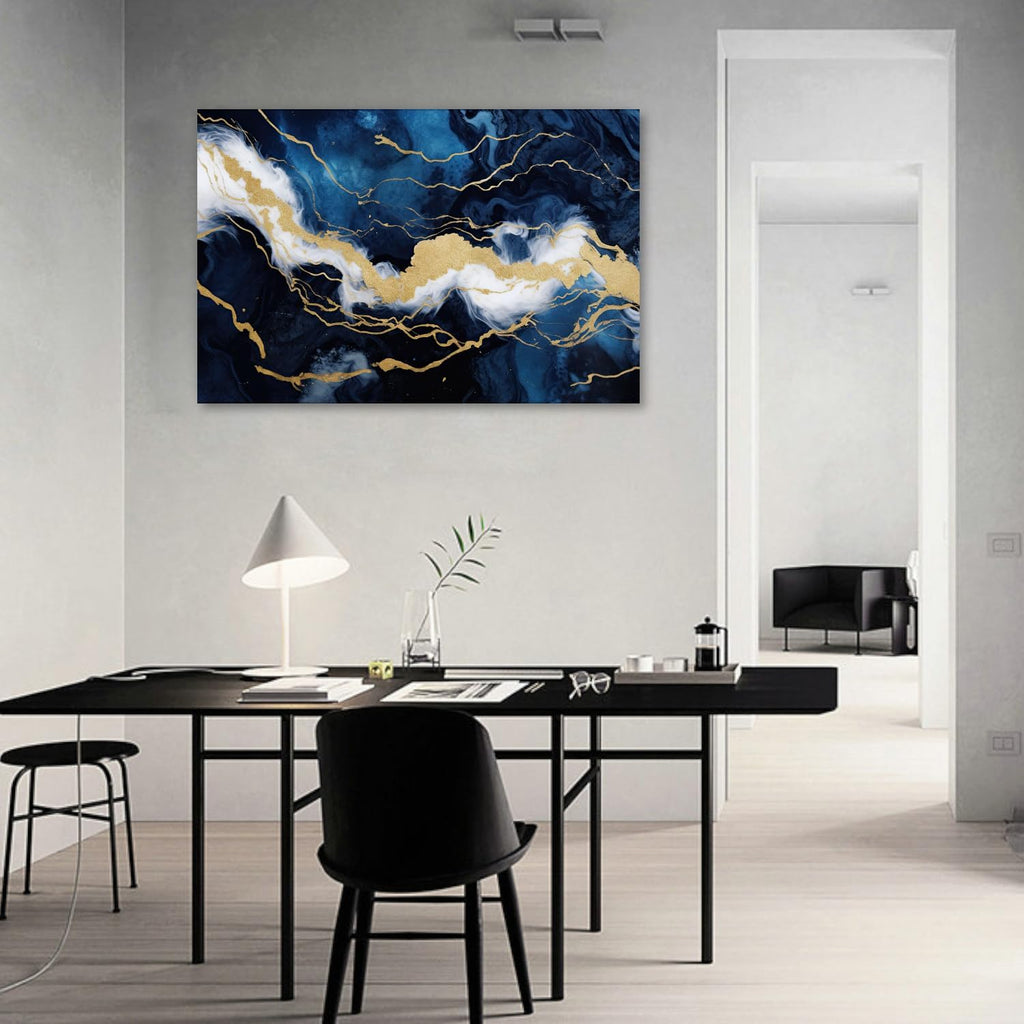 Large Abstract Wall Art Navy Blue and Gold Picture Living Room Decor Modern Marble Texture Painting Canvas Prints for Bedroom Bathroom Home Decor Framed(Abstract-3,28.00'x42.00')