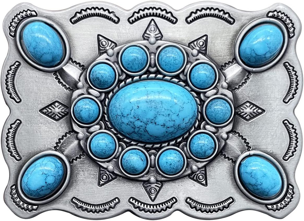 Men's Western Belt Buckle - Vintage Turquoise with Native American & Cowboy Elements