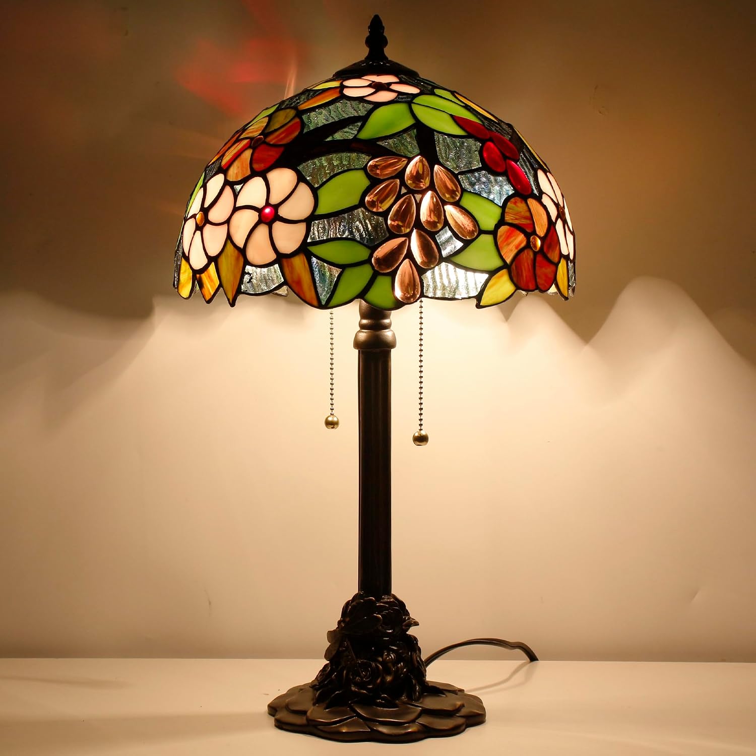 Tiffany Table Lamp Stained Glass Desk Lamp 12X12X21Inch Resin Base for Bedroom Living Room Reading Light (Green Purple Grape)