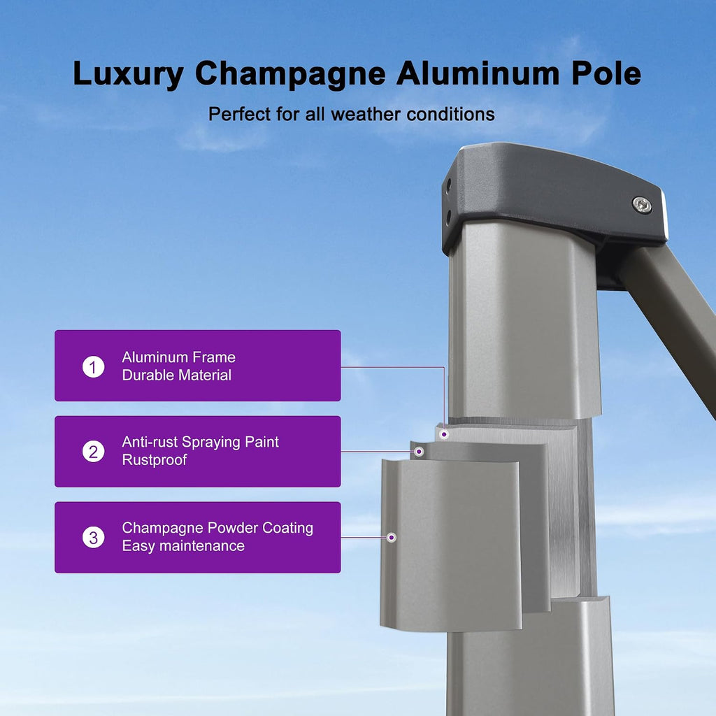 PURPLE LEAF 10' X 6.5' Left-right Tilting Patio Umbrella with Base Outdoor Swivel Cantilever Offset Aluminum Umbrella with Champagne Frame and 360-degree Rotation for Garden Deck Pool, Beige