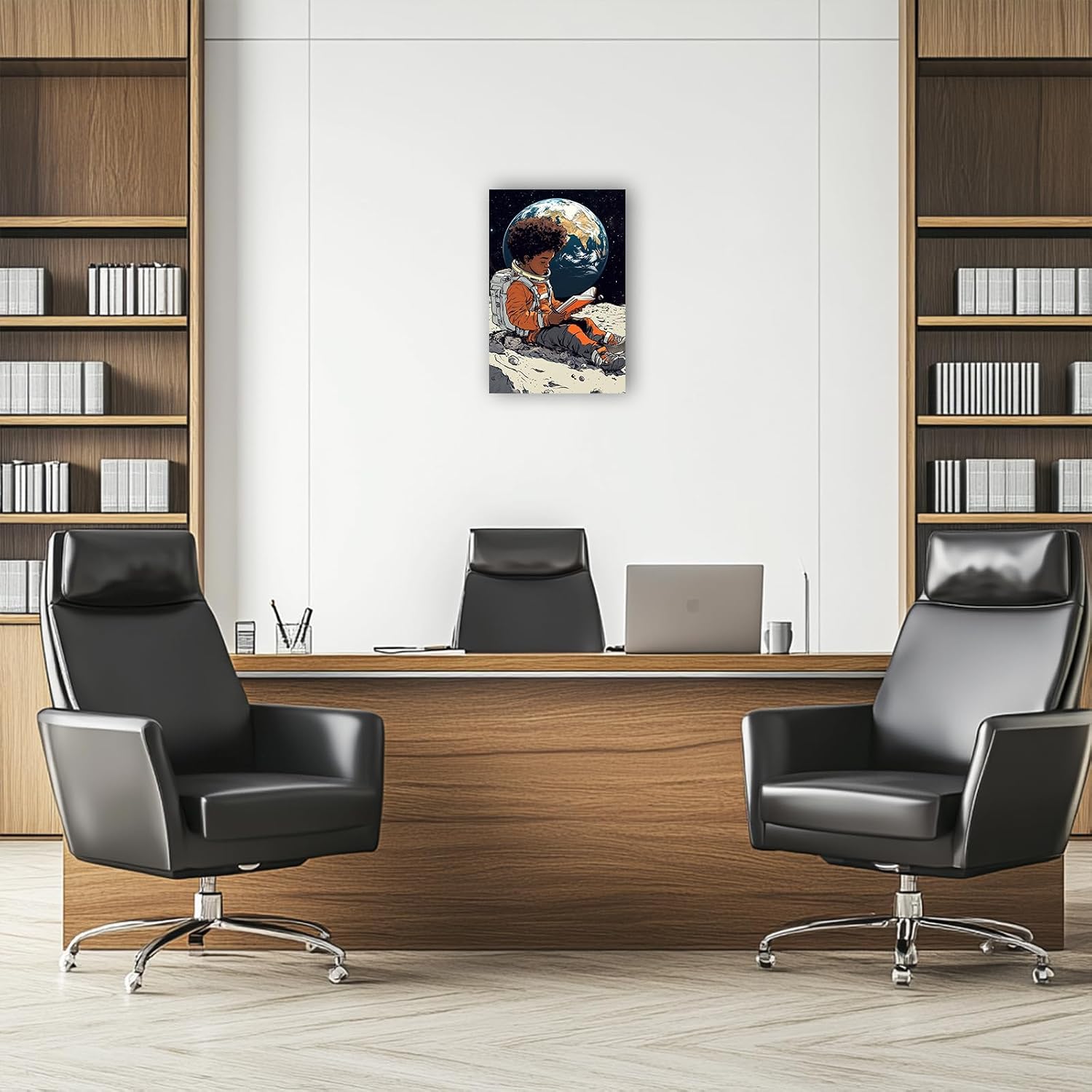 CHAOSETKEN African American Wall Art Astronaut Painting Black Boy Reading on the Moon Canvas Prints Space Themed Pictures for Office Decor Framed (28.00' x 42.00')