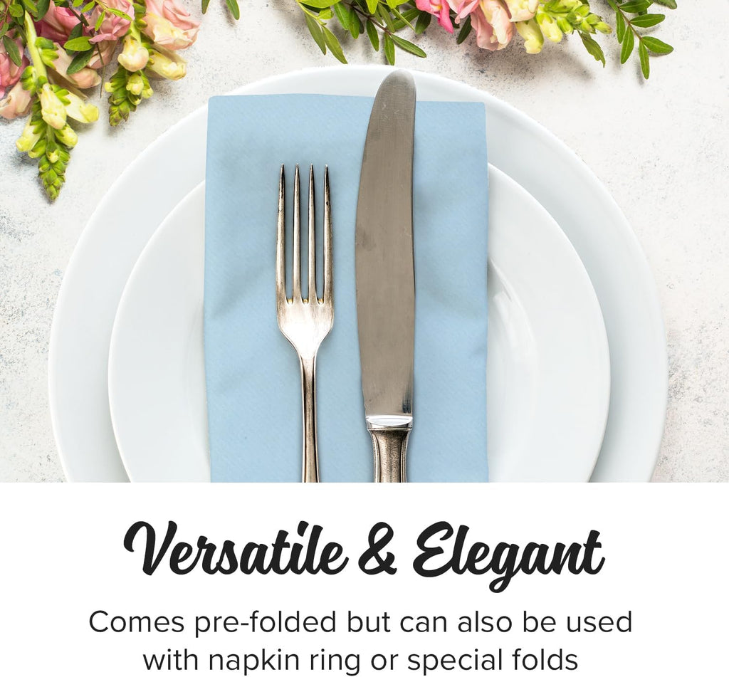 SimuLinen Light Blue Linen Feel Disposable Dinner Napkins - Cloth-Like Kosher Napkins for Celebrations, Weddings, and Showers, 16'x16', Box of 300