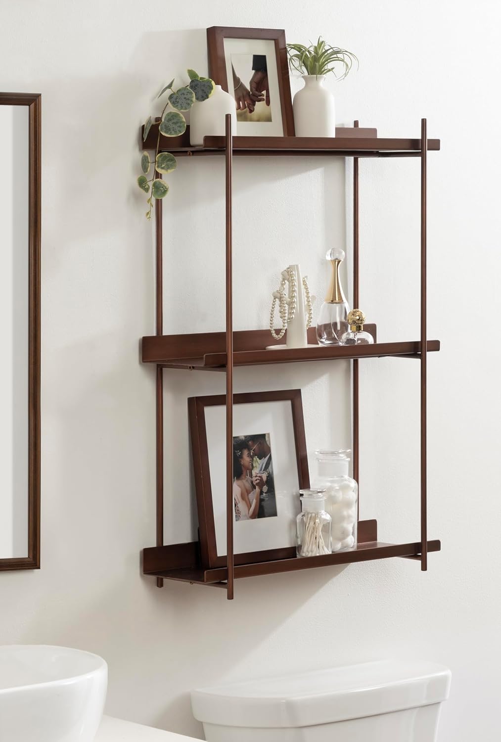 Kate and Laurel Dominic Modern Metal Bathroom Shelf; 20 x 7 x 30; Bronze; Contemporary Sleek 3-Tier Floating Shelves for Wall Decor; Display; and Over Toilet Storage