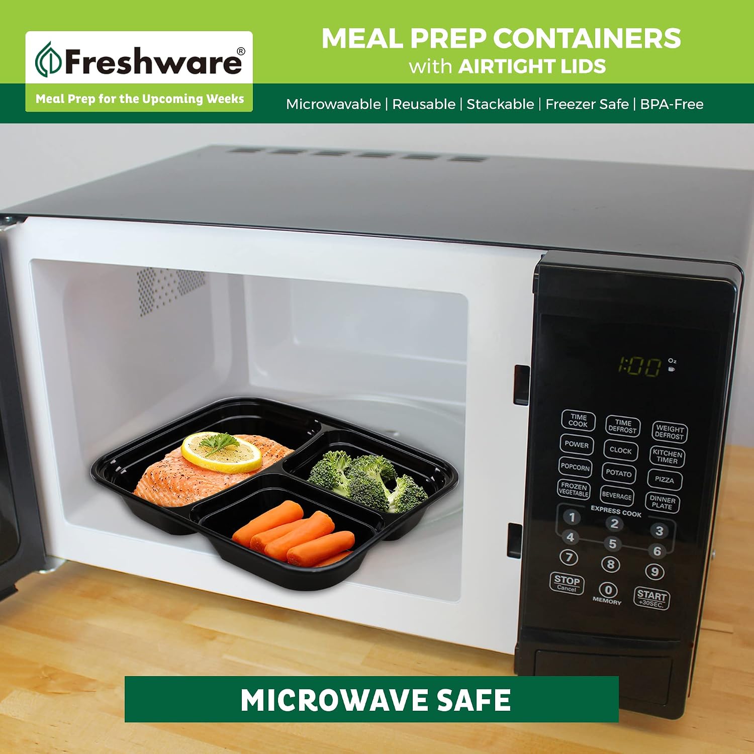 Freshware Meal Prep Containers 50 Count, 3 Compartment Food Storage Containers with Lids, Bento Box, BPA Free, Stackable, Microwave/Dishwasher/Freezer Safe (24 oz) (Pack of 6)