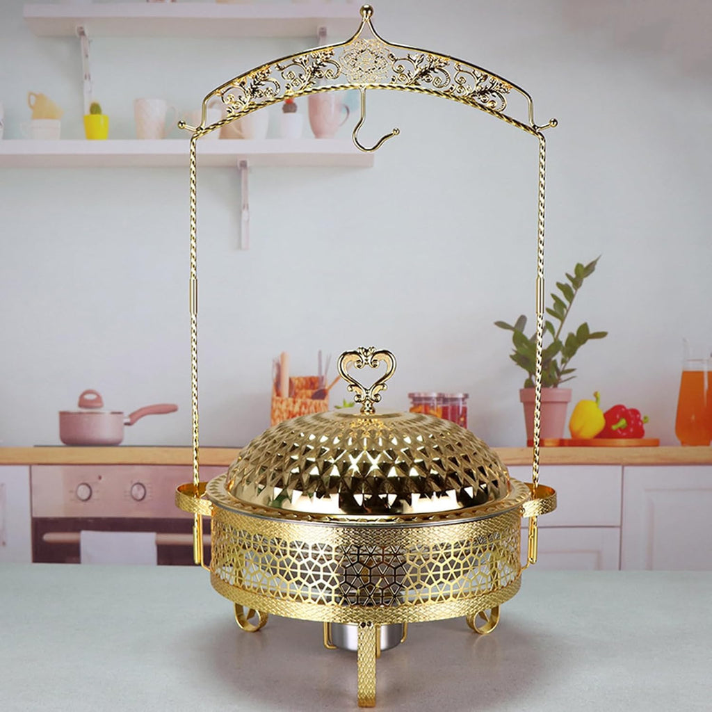 IESUTA Stainless Steel Buffet Tray Set - Round Hanging Lid Meal Stove Buffet Equipment, with Hanging Lid Self Food Warmer, Includes Food Tray, Water Tray, Fuel Rack(Size:4.5L,Color:Gold)