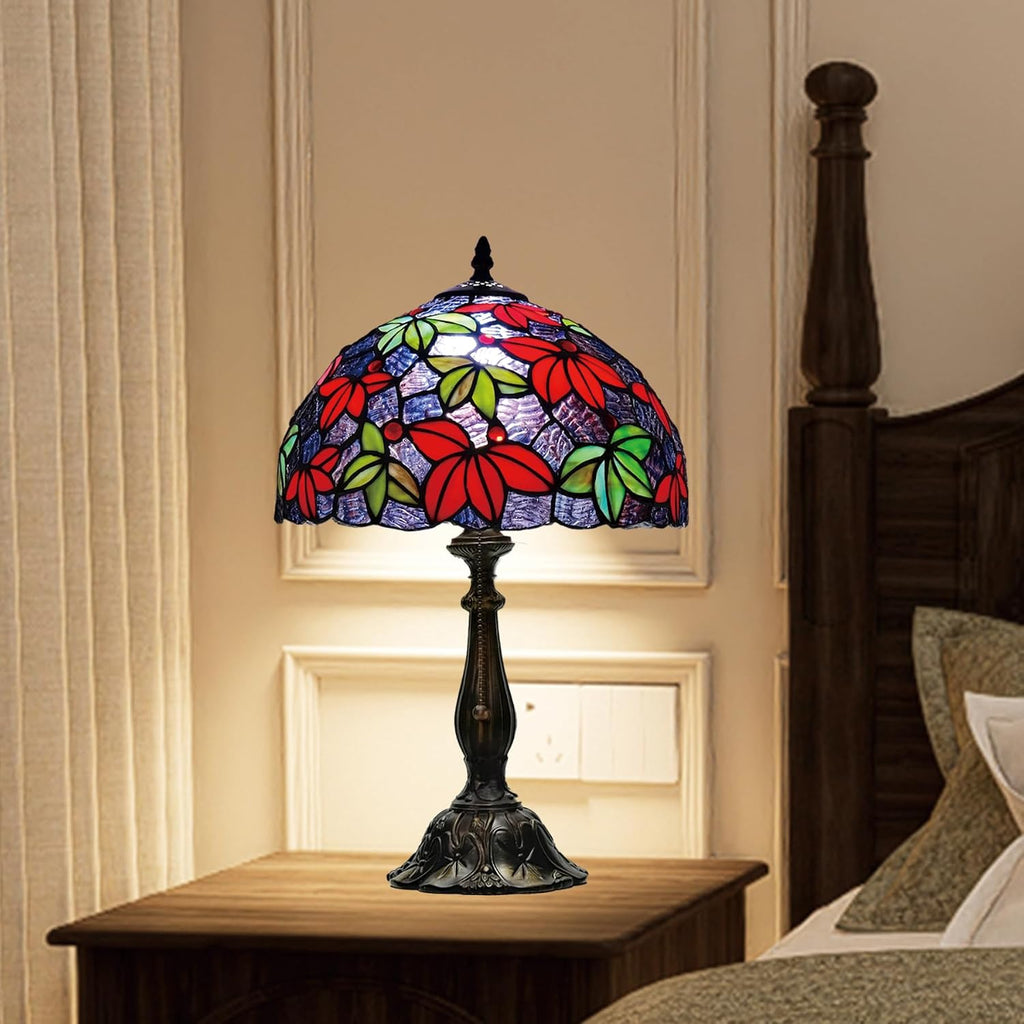 Tiffany Style Stained Glass Table Lamp, Maple Leaf Desk Light with Antique Bronze Resin Base, Multicolor Reading Lighting for Bedroom, Living Room, Office 12'X12'X19 (Maple-Purple Blue)