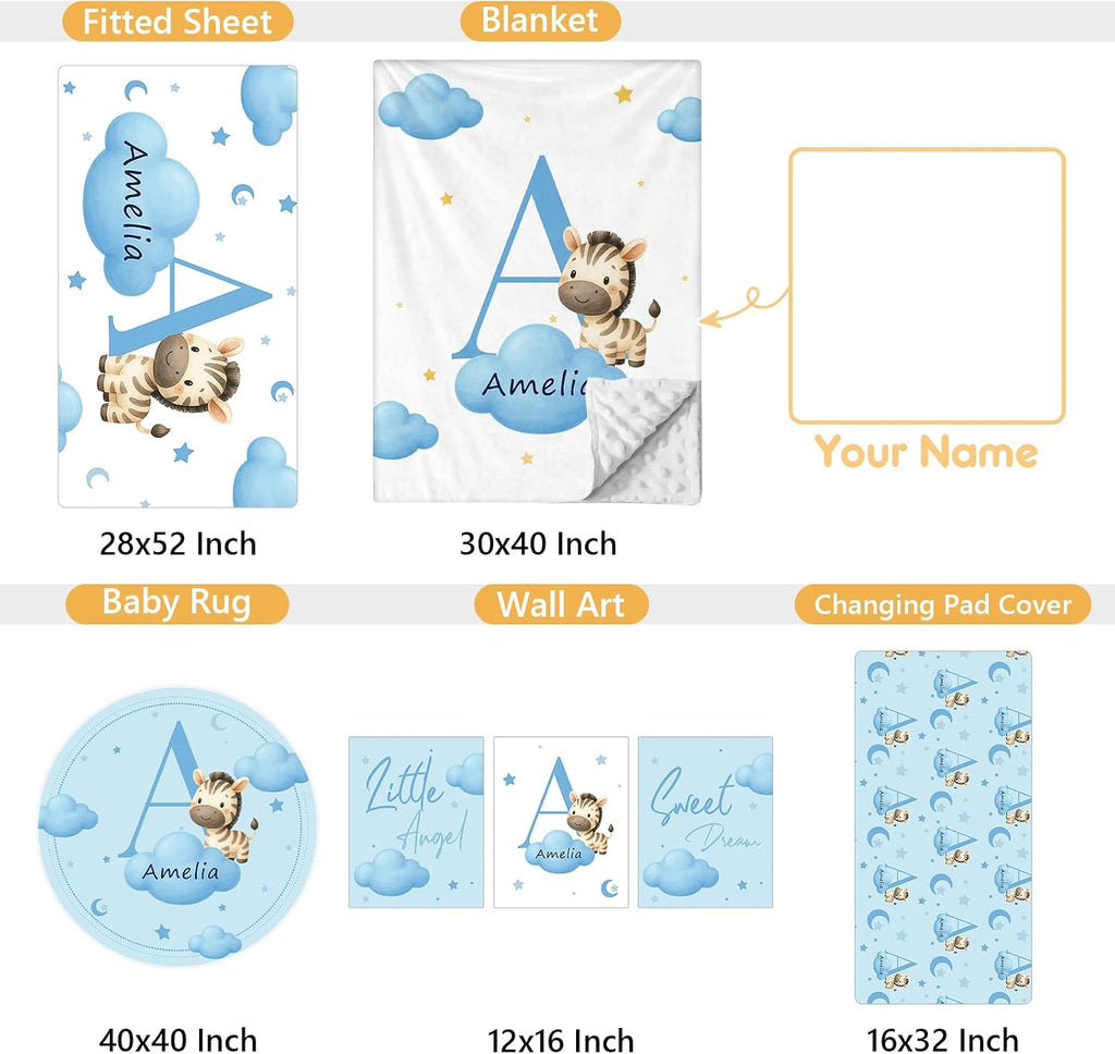 Terwex 5 Piece Customized Crib Bedding Set for Baby Boys - Custom Name Baby Crib Blue Zebra Nursery Bedding Set with Fitted Sheet, Soft Blanket, Rug, Personalized Gifts for Newborn, Toddler, Infant