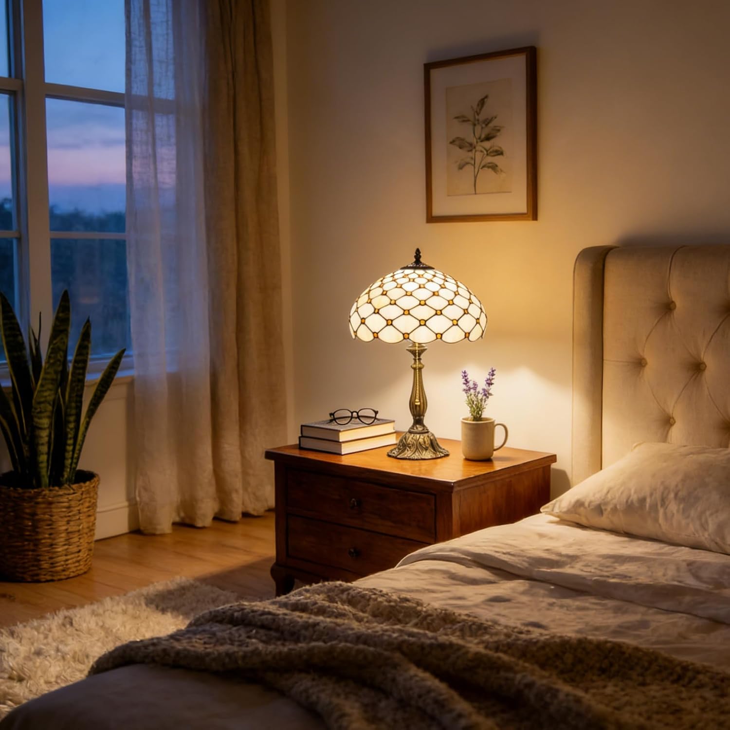 Tiffany Style Table Lamp, Amber White Bead Pearls Stained Glass Lamp with Antique Bronze Resin Base for Reading, Study, Bedside, Bedroom, Living Room, Office 12X12X19 Inch