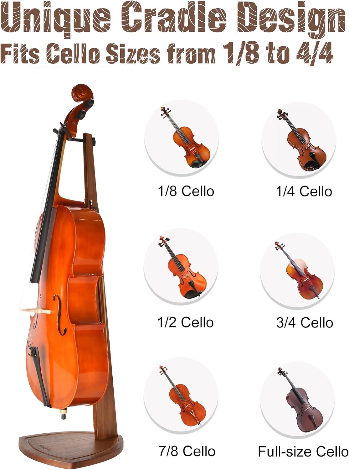 Cello Stand with Bow Holder, Handcrafted Walnut Wood Floor Stand for 4/4 Full-Size and 1/2, 1/4, 3/4, 1/8, 7/8, Cello Holder Rack for Home and Studio Display