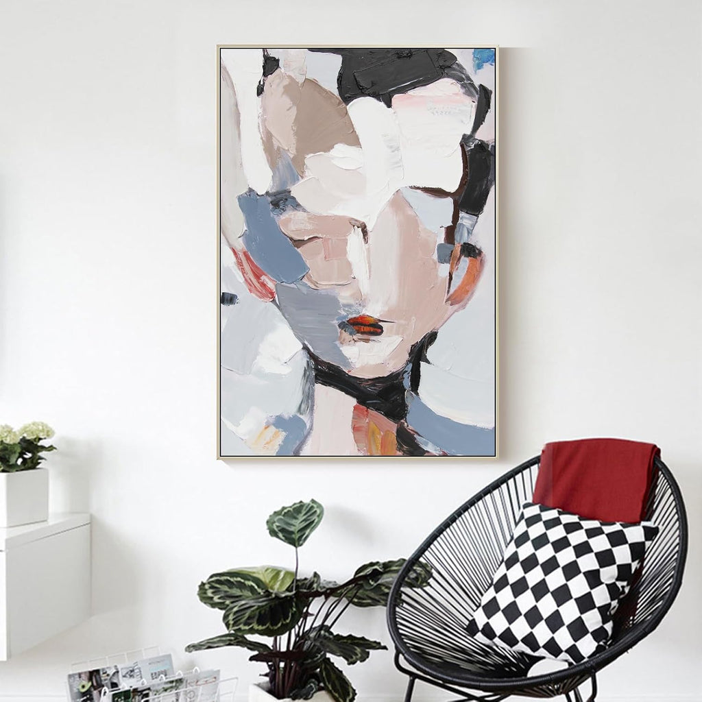 GeekMacro Abstract Face Textured Painting Hand Painted Colorful Wall Art for Living Room Large Framed Modern Canvas Artwork 45x30 Vertical Wall Decor