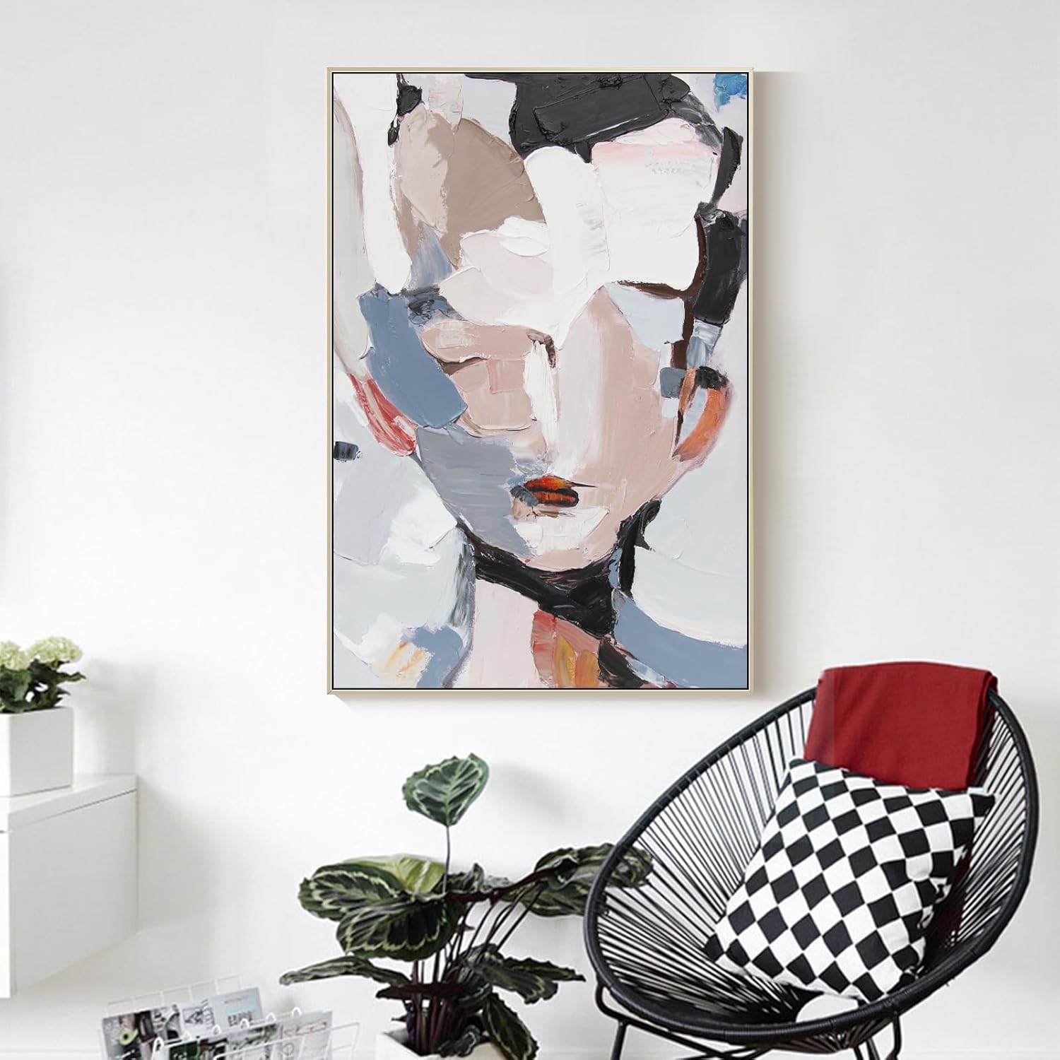 GeekMacro Abstract Face Textured Painting Hand Painted Colorful Wall Art for Living Room Large Framed Modern Canvas Artwork 45x30 Vertical Wall Decor