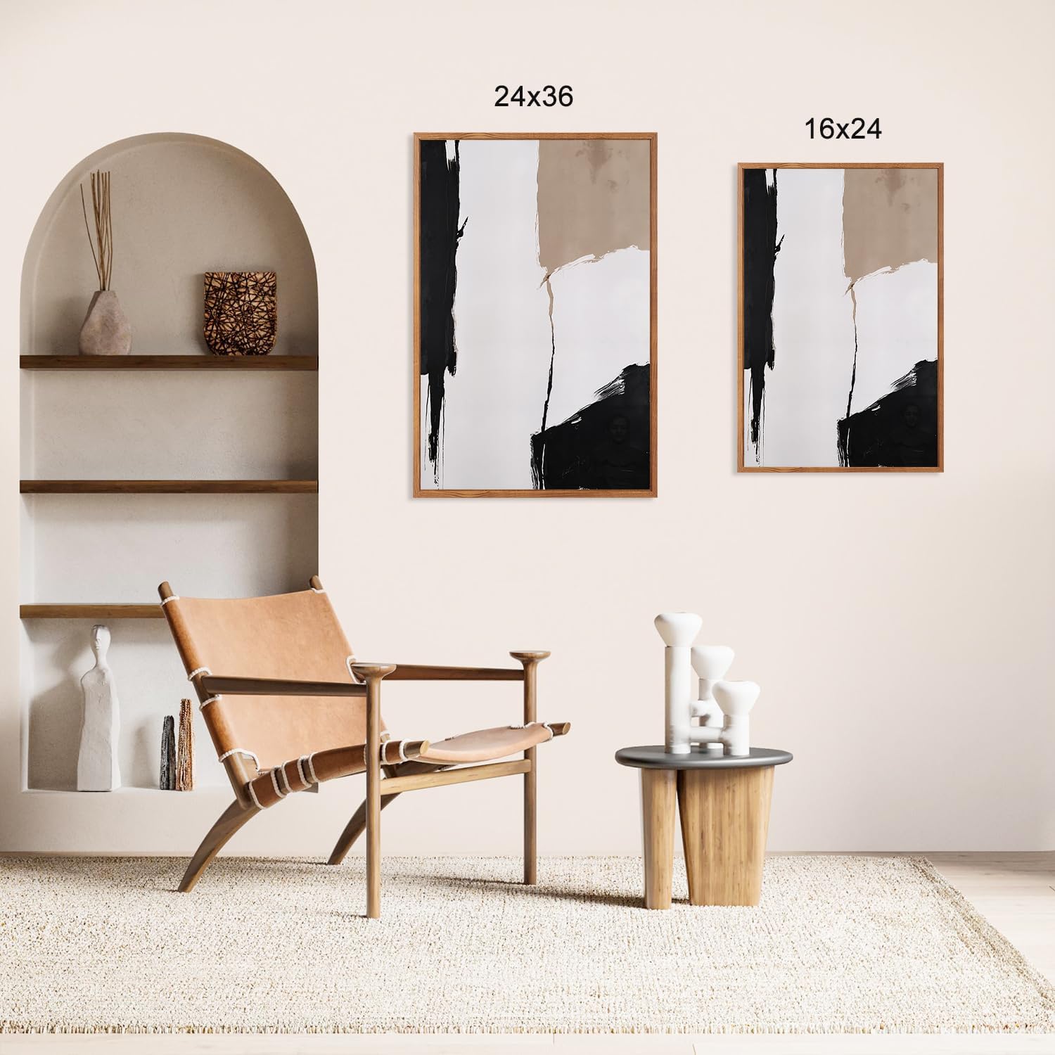 HLNIUC Large Abstract Neutral Framed Canvas Wall Art,Brown Brush Stroke Wall Decor,Minimalist Textured Block Artwork Set of 3(24x36),Modern Beige Black White Prints for Living Room,Bedroom,Office