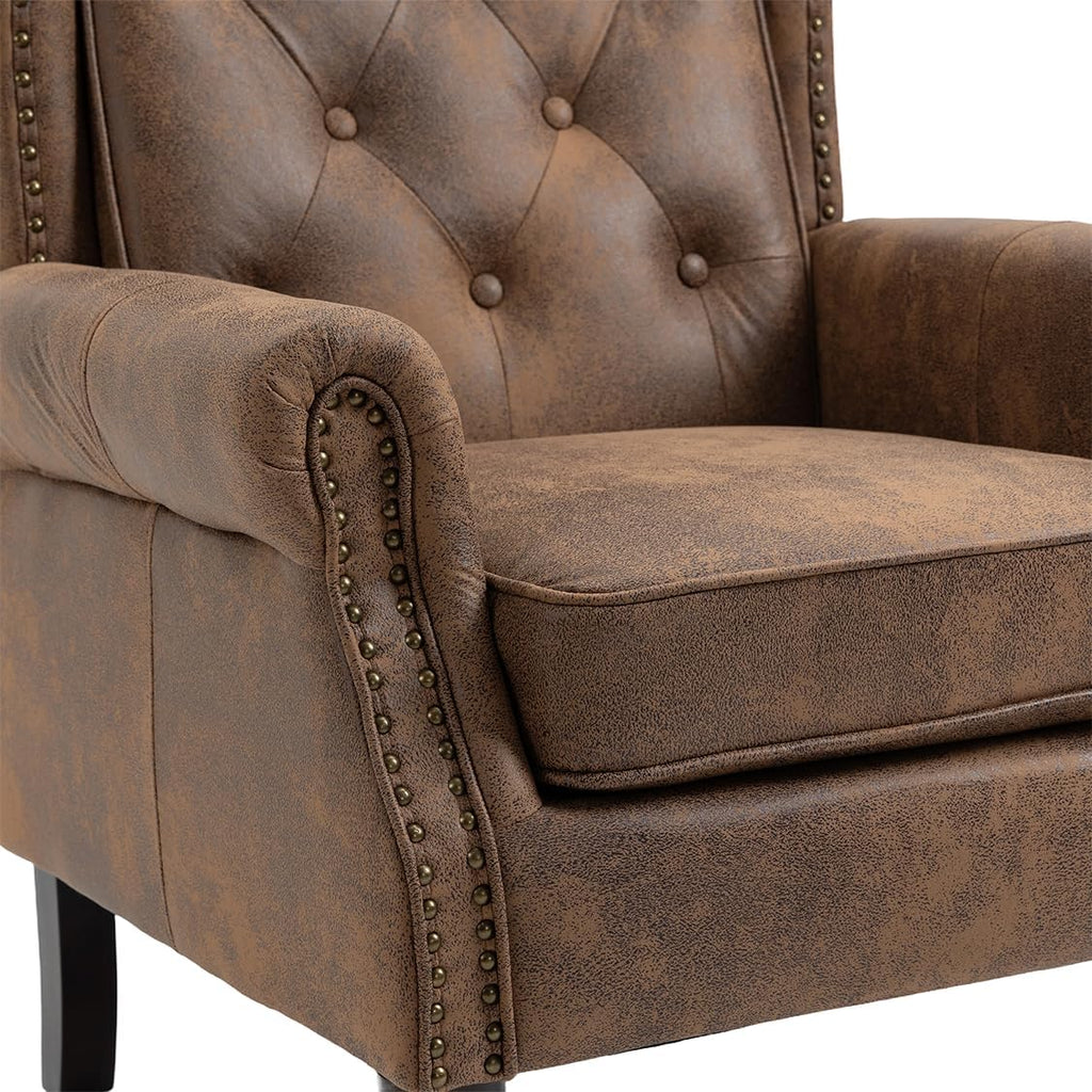 Mid-Century High Wingback Chair, Microfiber Accent Chair Armchair with Buttons,Modern Living Room Chairs with Rivet Decoration,Leisure Single Sofa Chair for Bedroom,Club,Home Reception (Coffee.)