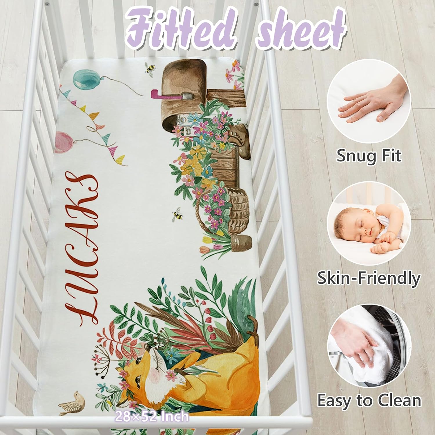 Custom Baby Crib Bedding Set, 5 PCS Personalized Name Baby Crib Sets for Girls Boys, Fox Theme Nursery Bedding Sets for Infant Toddler, Double Layer Flannel Bed Set Customized Gifts