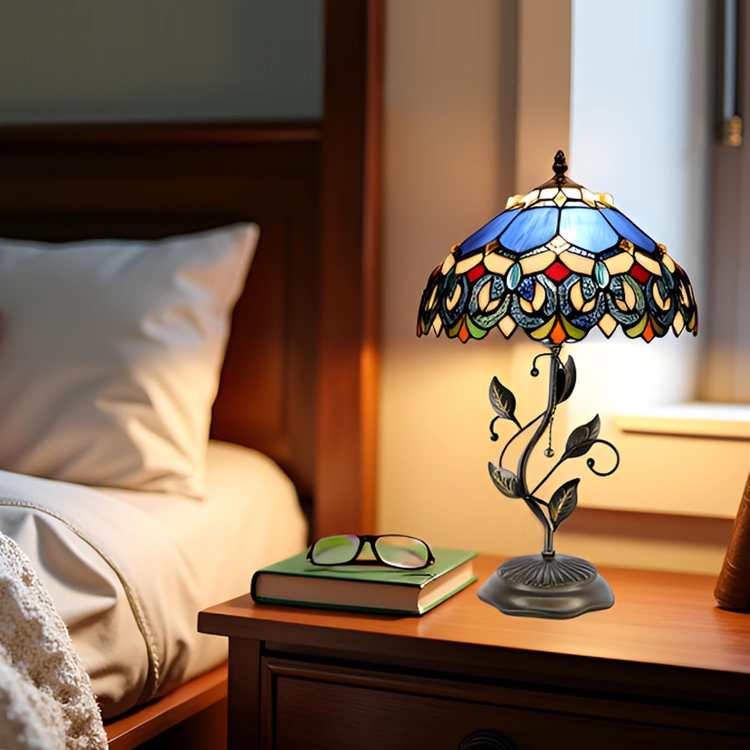 Tiffany Table Lamp, Stained Glass Style Desk Lamp, 12X12X19 Inch,Bedside Reading Light, Metal Leaf Base(Blue Baroque)