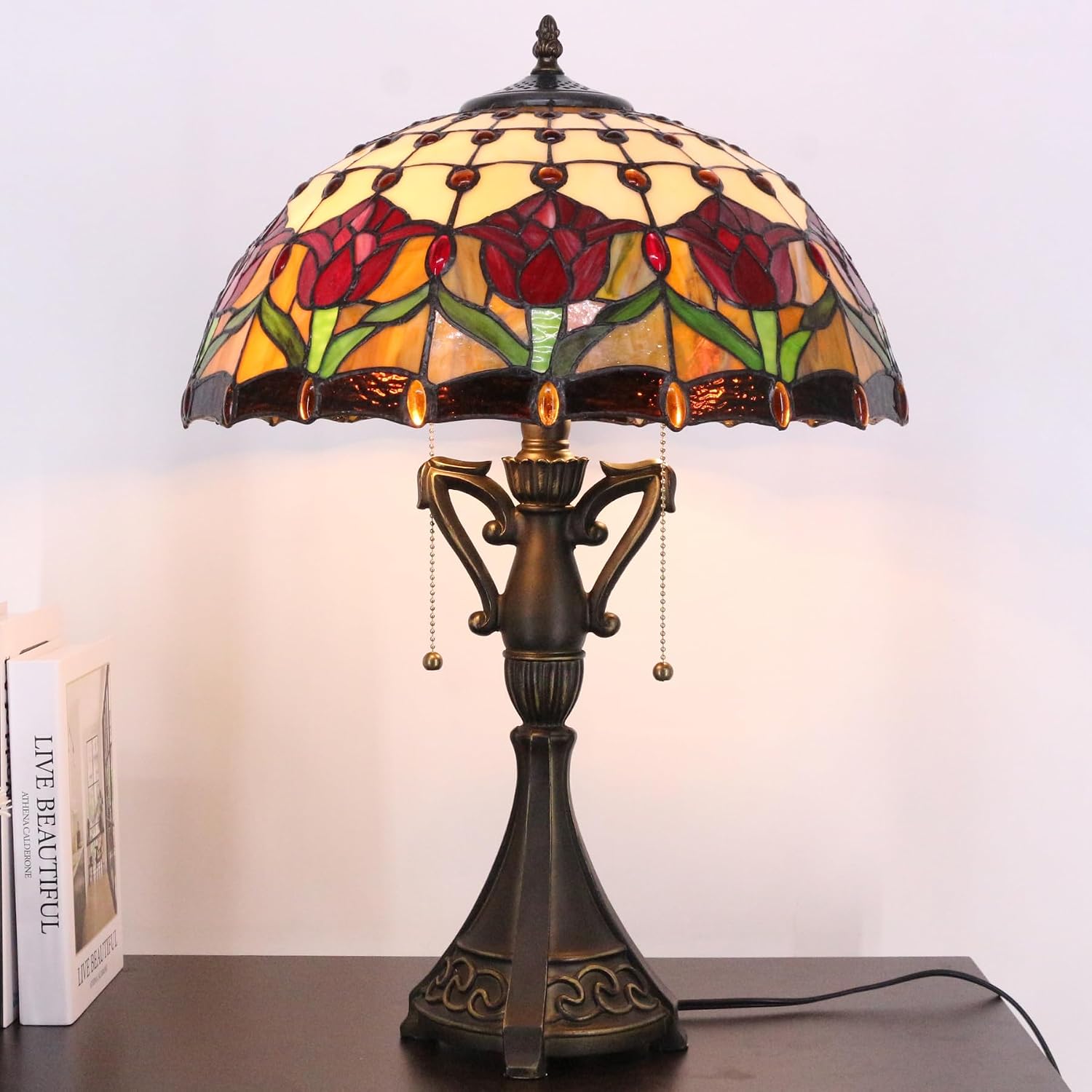Table Lamp Base Replacement Only, Wide 6.6 Height 24 Inch, Fit for 12, 14, 16, 18 Inch Tiffany Style Stained Glass Lampshade, Dark Bronze Finish, Resin, Pull Chain Switch(O (W6.6H24 Inch))