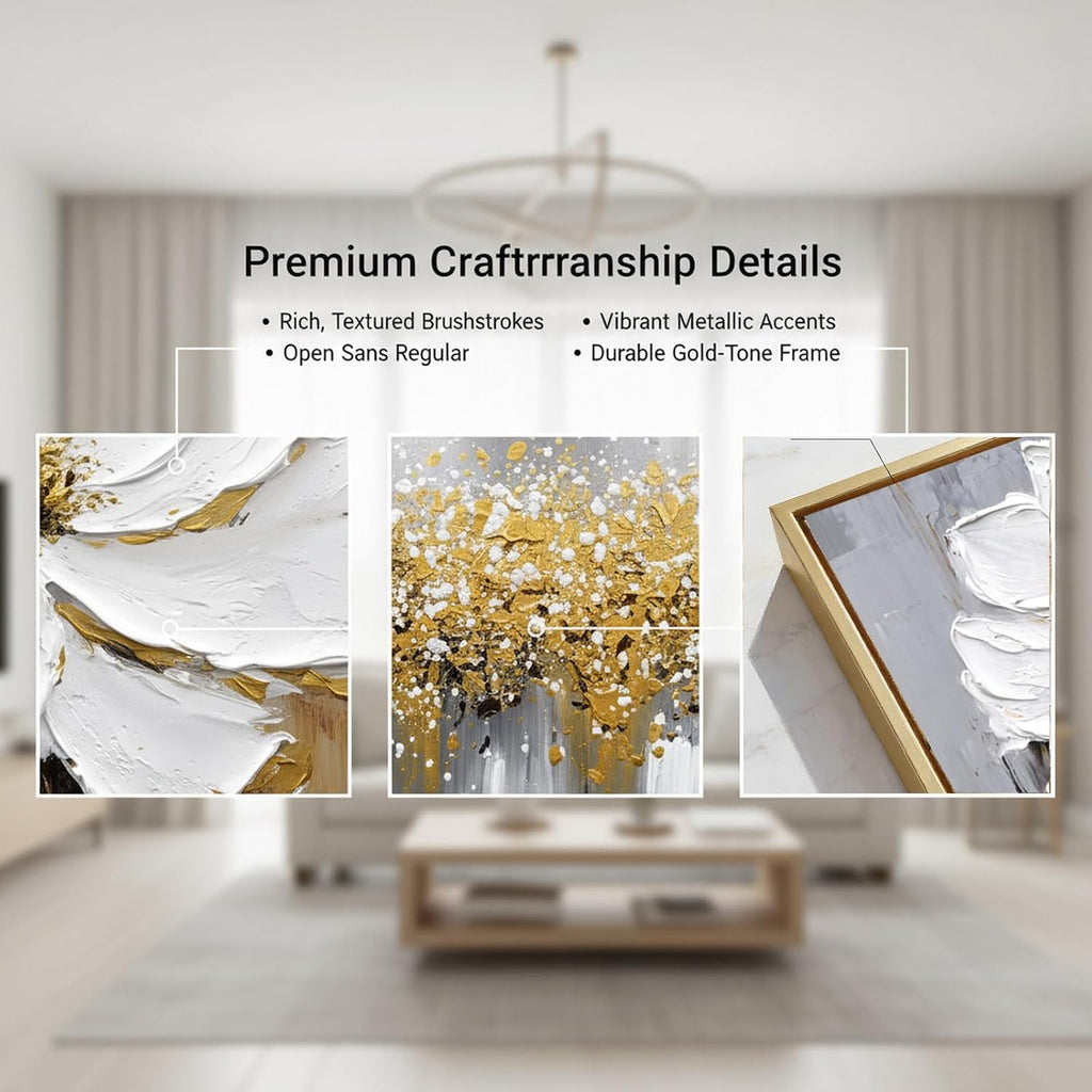 Hand-Painted Floral Canvas Oil Painting for Living Room,Framed 3D Gold and White Abstract Wall Art for Bedroom, Large 3 Pieces Flowerl Wall Painting for Office Kitchen Bathroom Home Decor 24x64 inches