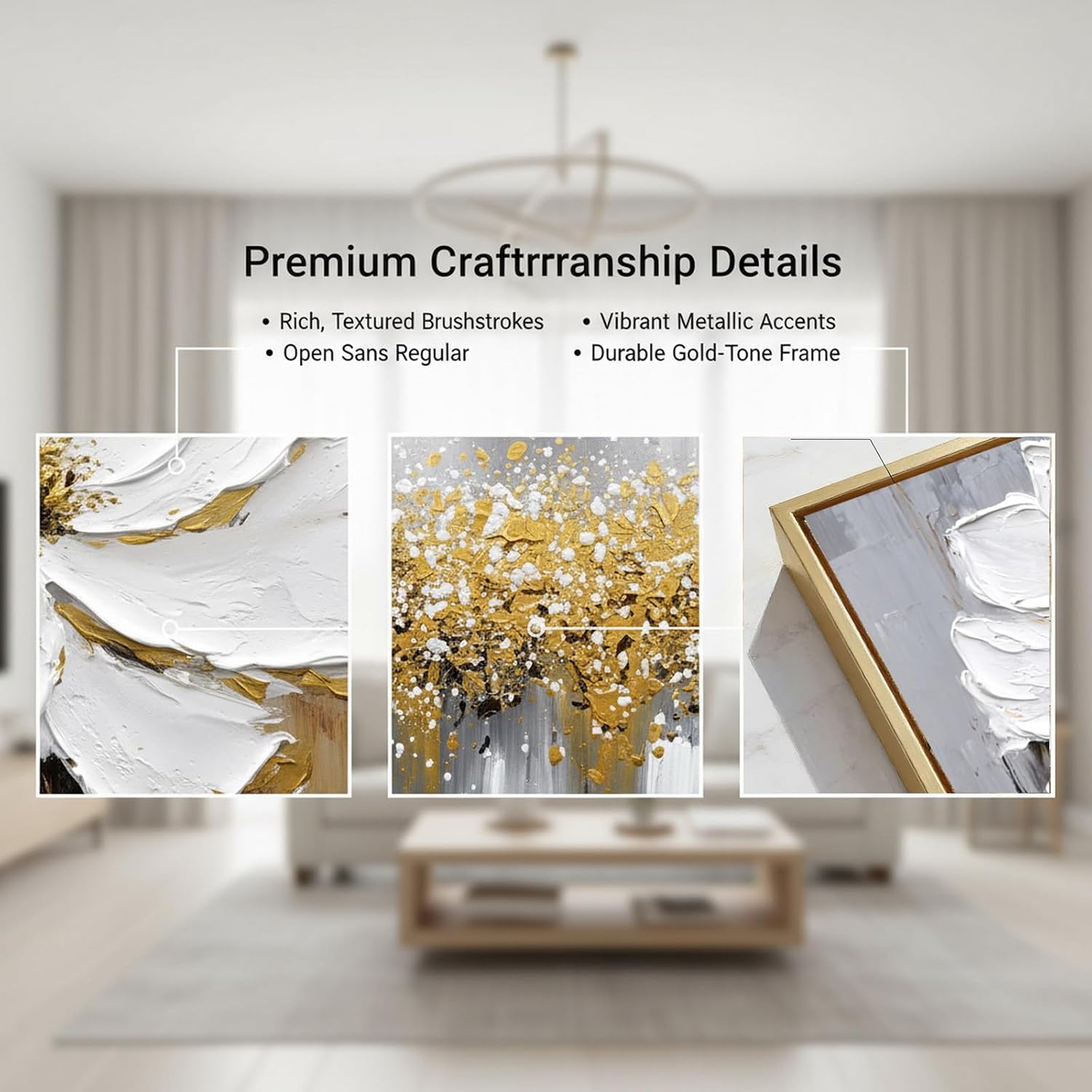 Hand-Painted Floral Canvas Oil Painting for Living Room,Framed 3D Gold and White Abstract Wall Art for Bedroom, Large 3 Pieces Flowerl Wall Painting for Office Kitchen Bathroom Home Decor 24x64 inches