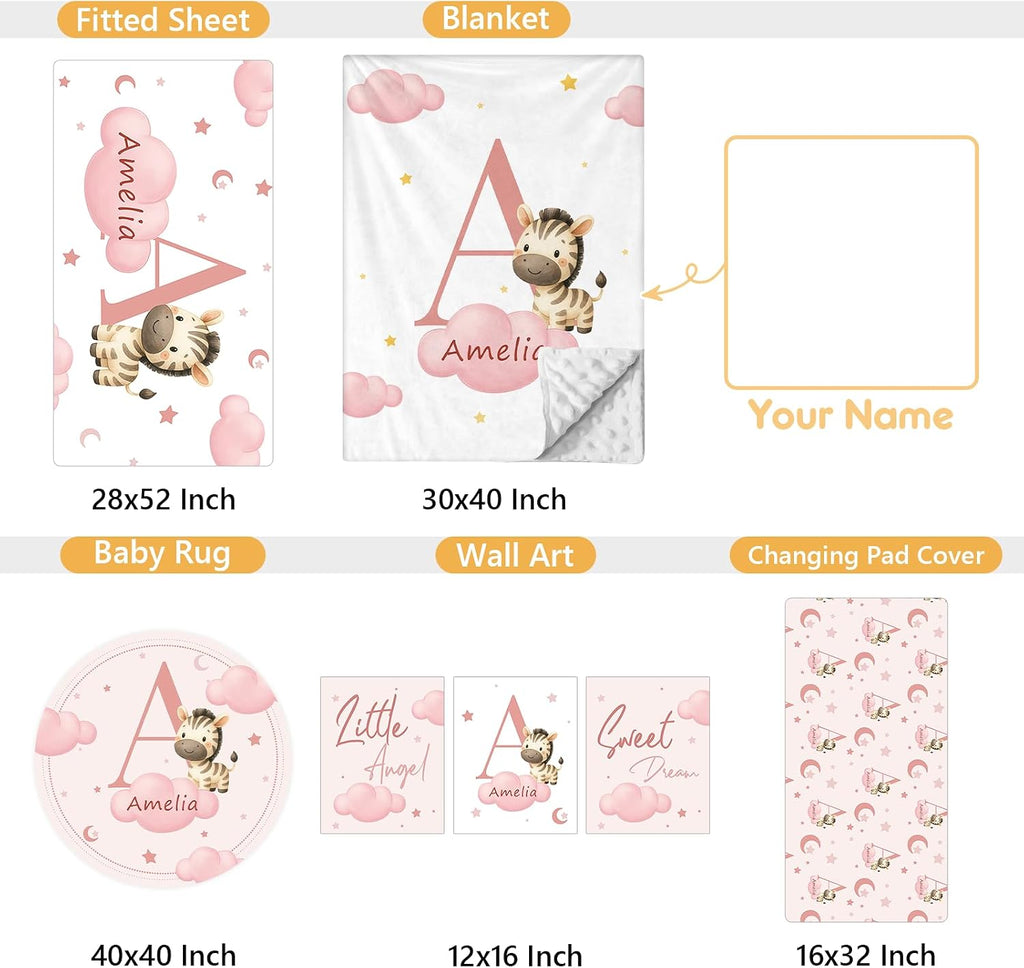 Terwex Personalized Baby Crib Bedding Set, 5 Pcs Custom Name Nursery Bedding Set, Pink Zebra Baby Bedding Set for Girls Boys, Double Layer Crib Sets, Customized Gifts for Infants Toddlers New Parents
