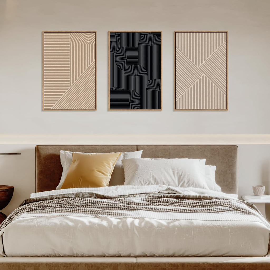 LHIUEM Large Abstract Textured Line Framed Canvas Wall Art,Boho Beige Black Wall Decor,Modern Neutral Minimalist Art Painting Painting for Living Room,Bedroom,Dining Room,Office -24'x36'x3