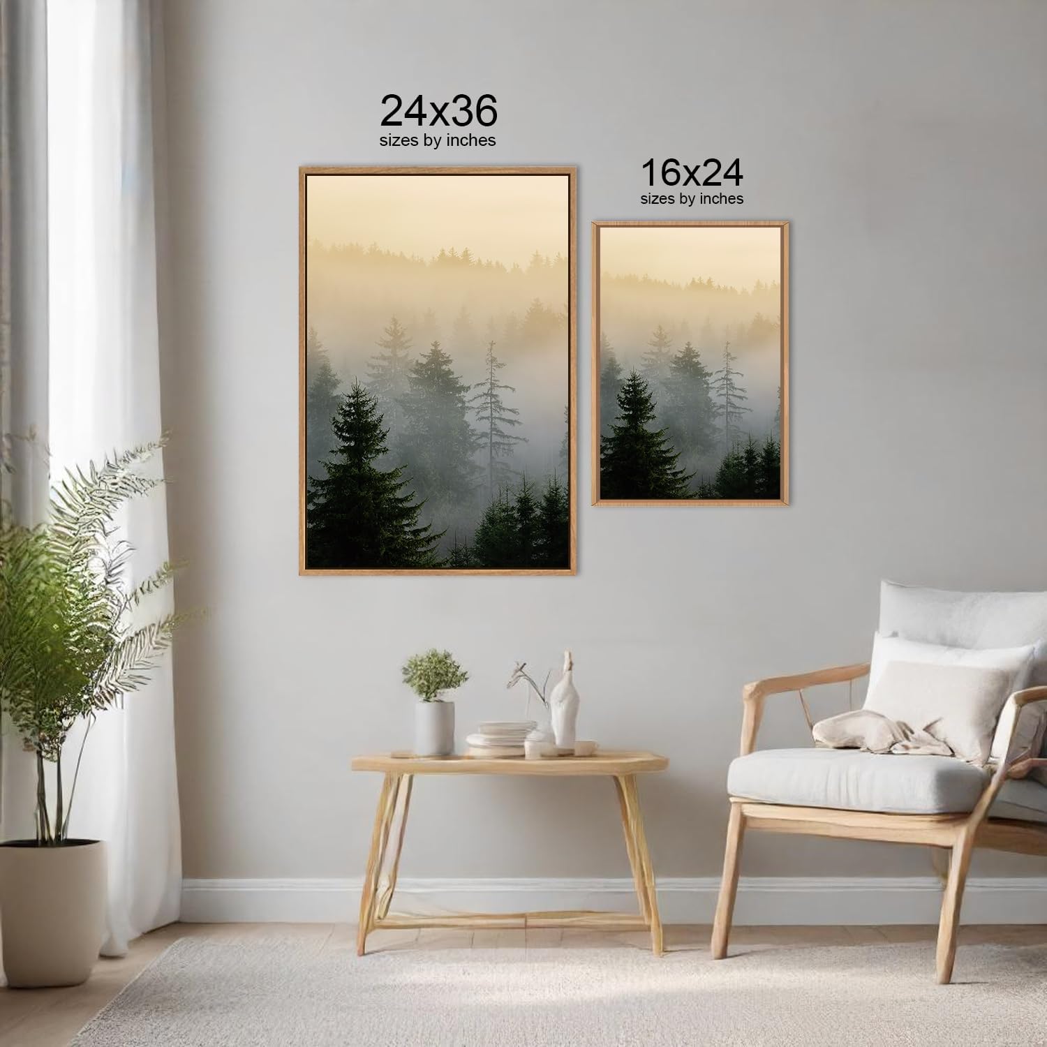 FWIEXA Misty Forest Wall Art Set Framed, Large Mountains Canvas Wall Decor, Green Nature Wall Painting, Foggy Tree Landscape Artwork 3 Panel 24x36 Inches for Living Room, Bedroom, Office, Gift