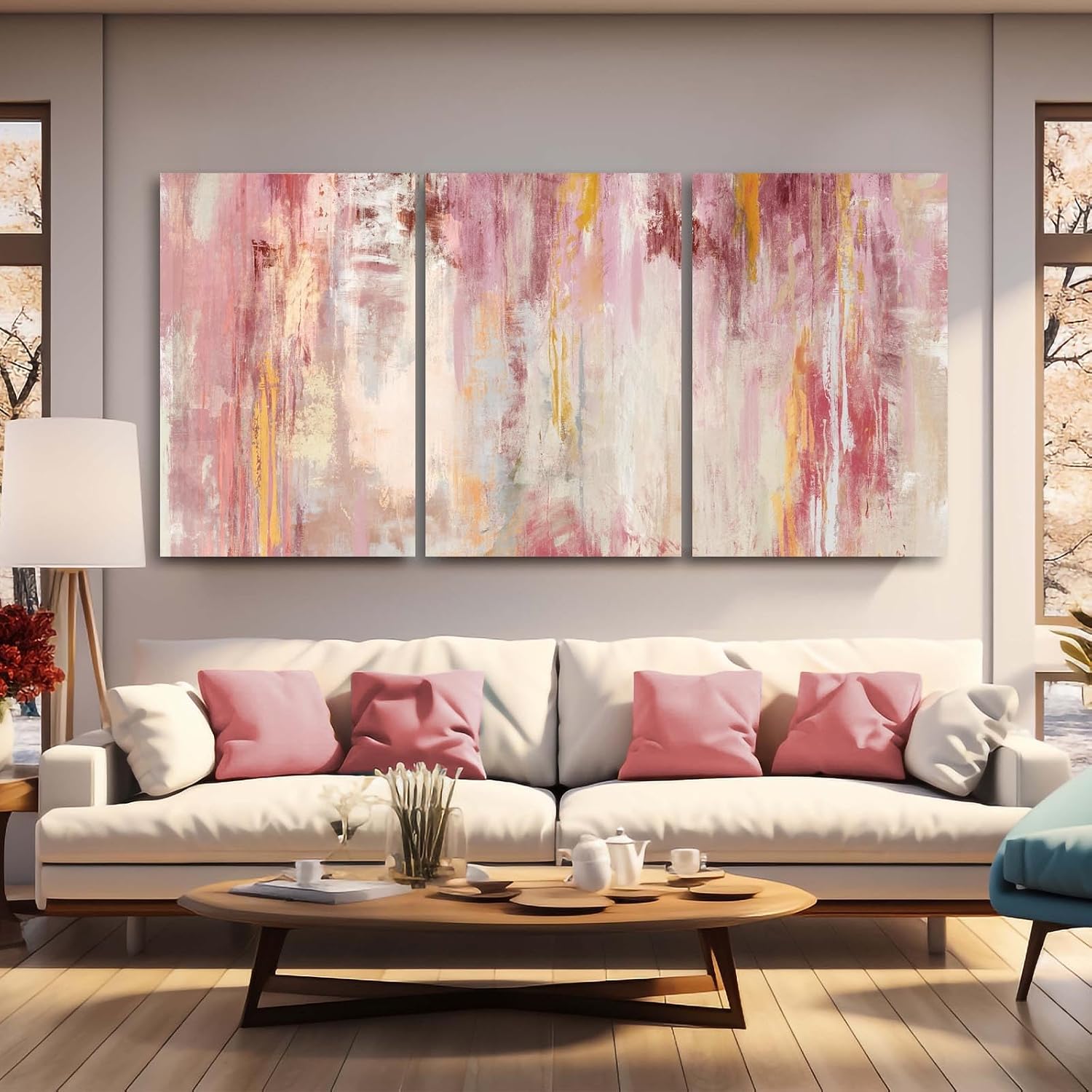 Kureful Large Pink Wall Art Gold Bedroom Decor for Teens Abstract Wall Art for Living Room Canvas Wall Paintings Gold Artwork Pictures for Wall 24'x 36'x 3 Panel