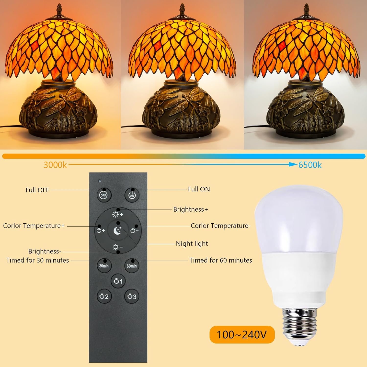 Tiffany Table Lamp Orange Wisteria Style Stained Glass Lamp for Bedside,Bedroom,Living Room,12 Inch Small Vintage Mushroom Desk Lights Included E26 LED with Remote Control(Autumn Leaves)