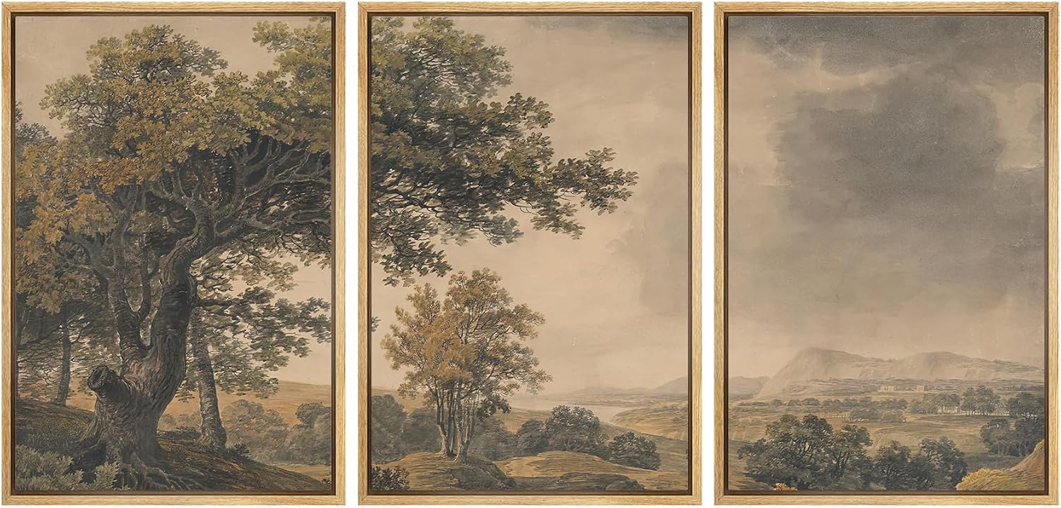 MUDECOR Framed Wall Art Print Set Vintage Landscape Rustic Tree and Mountain View Illustrations Decorative Colorful for Living Room, Bedroom, Office - 24'x36'x3 Natural