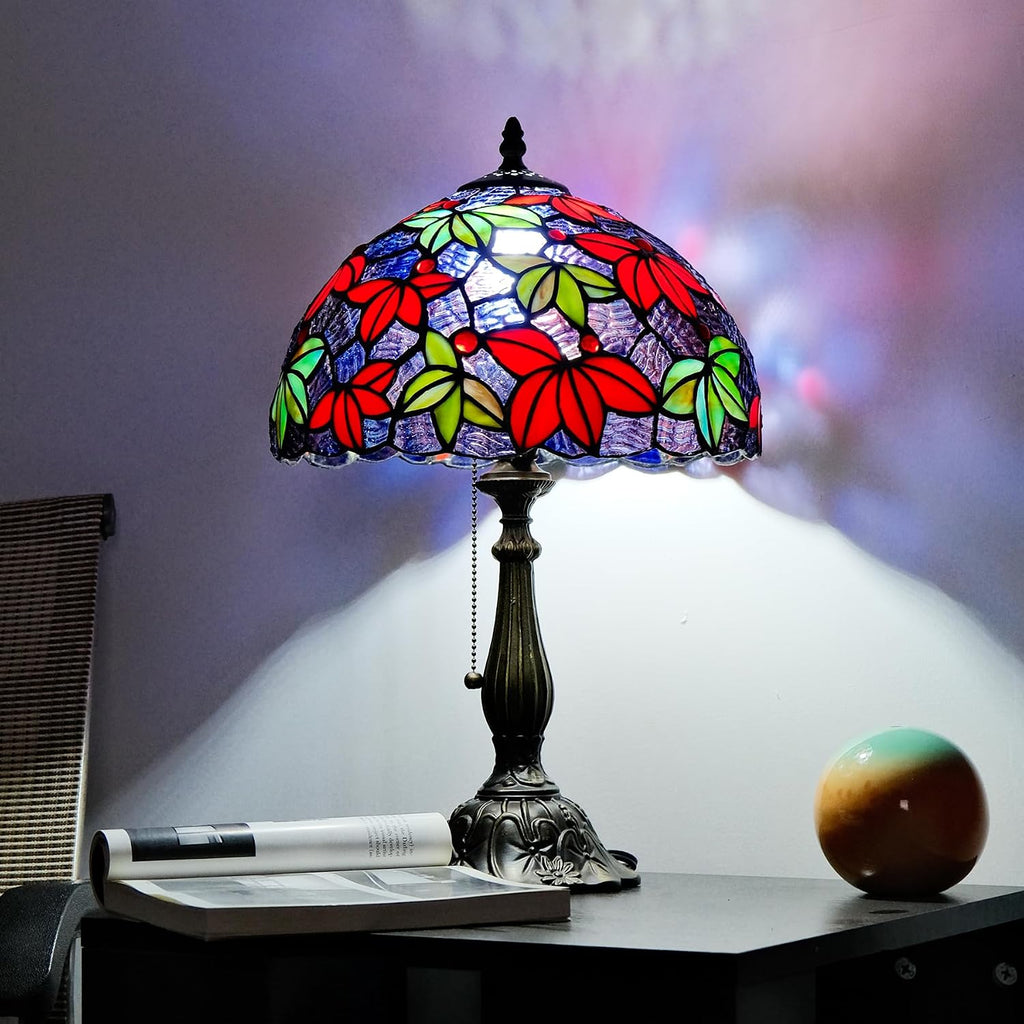 Tiffany Style Stained Glass Table Lamp, Maple Leaf Desk Light with Antique Bronze Resin Base, Multicolor Reading Lighting for Bedroom, Living Room, Office 12'X12'X19 (Maple-Purple Blue)