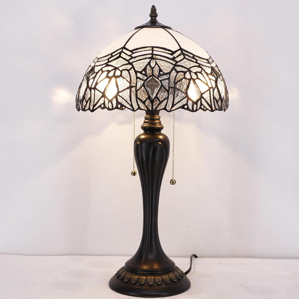 WERFACTORY Tiffany Lamp White Bent Stained Glass Crystal Table Lamp Bedside Desk Reading Light 12X12X22 Inches Decor Bedroom Living Room Home Office S508W Series