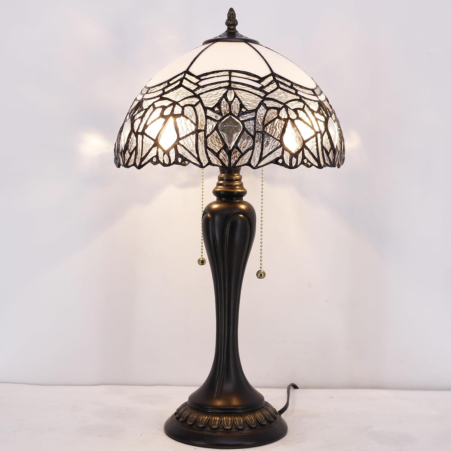 WERFACTORY Tiffany Lamp White Bent Stained Glass Crystal Table Lamp Bedside Desk Reading Light 12X12X22 Inches Decor Bedroom Living Room Home Office S508W Series