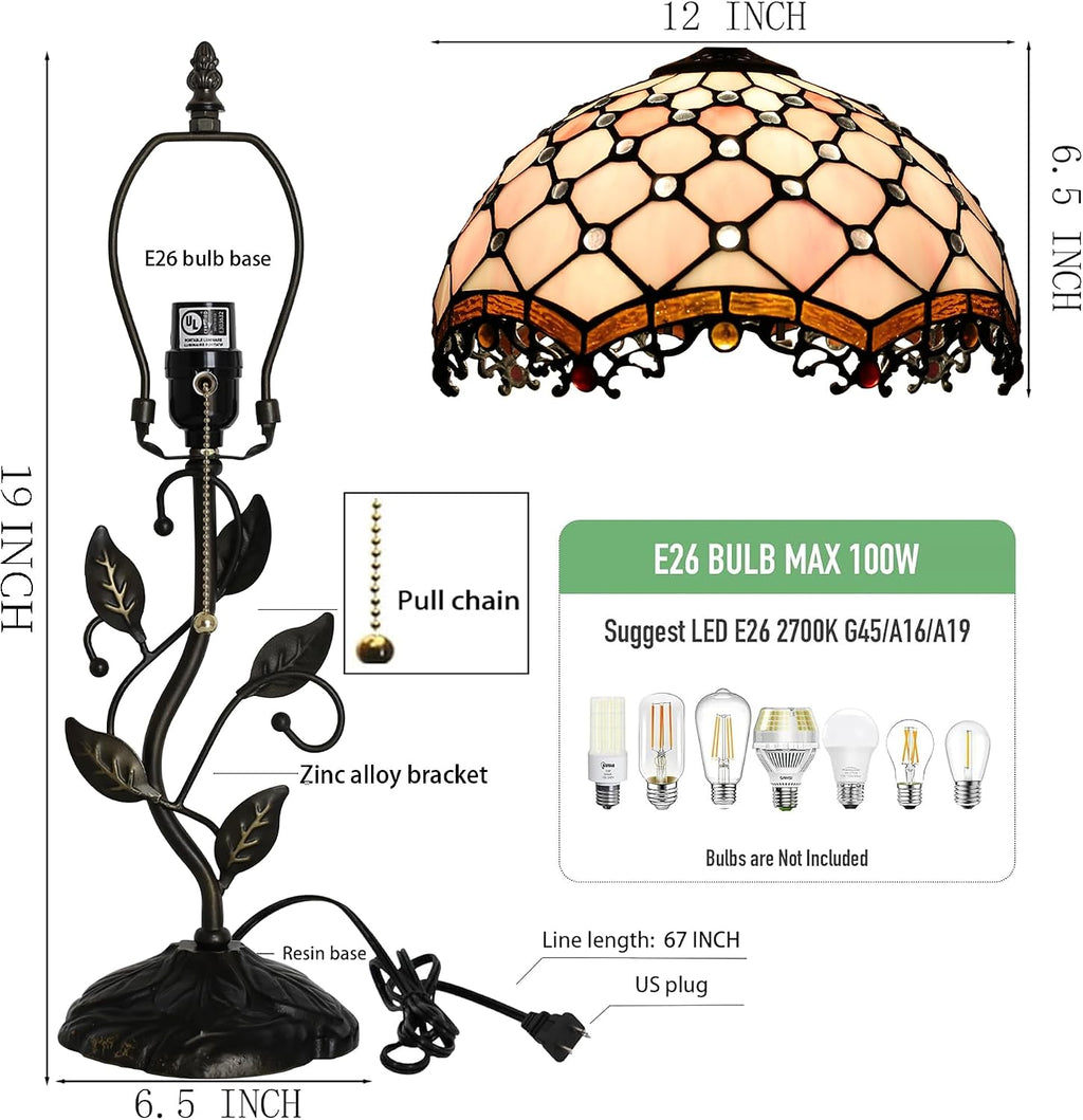 Tiffany Lamp Stained Glass Style Table Lamp Pink Beads Style Bedside Desk Reading Light W12H19 Inch Metal Leaf Base with Metal Leaf Base