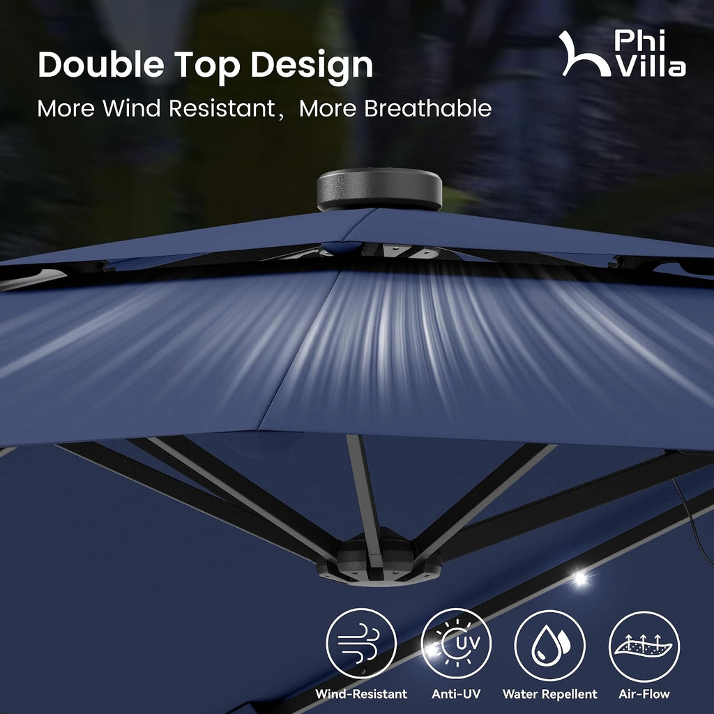 PHI VILLA 15ft 2-Tier Large Patio Umbrella with Solar Lights, Double-Sided Outdoor Market Rectangle Umbrellas with 36 LED Lights, Umbrella Base (Stand) Included, Blue