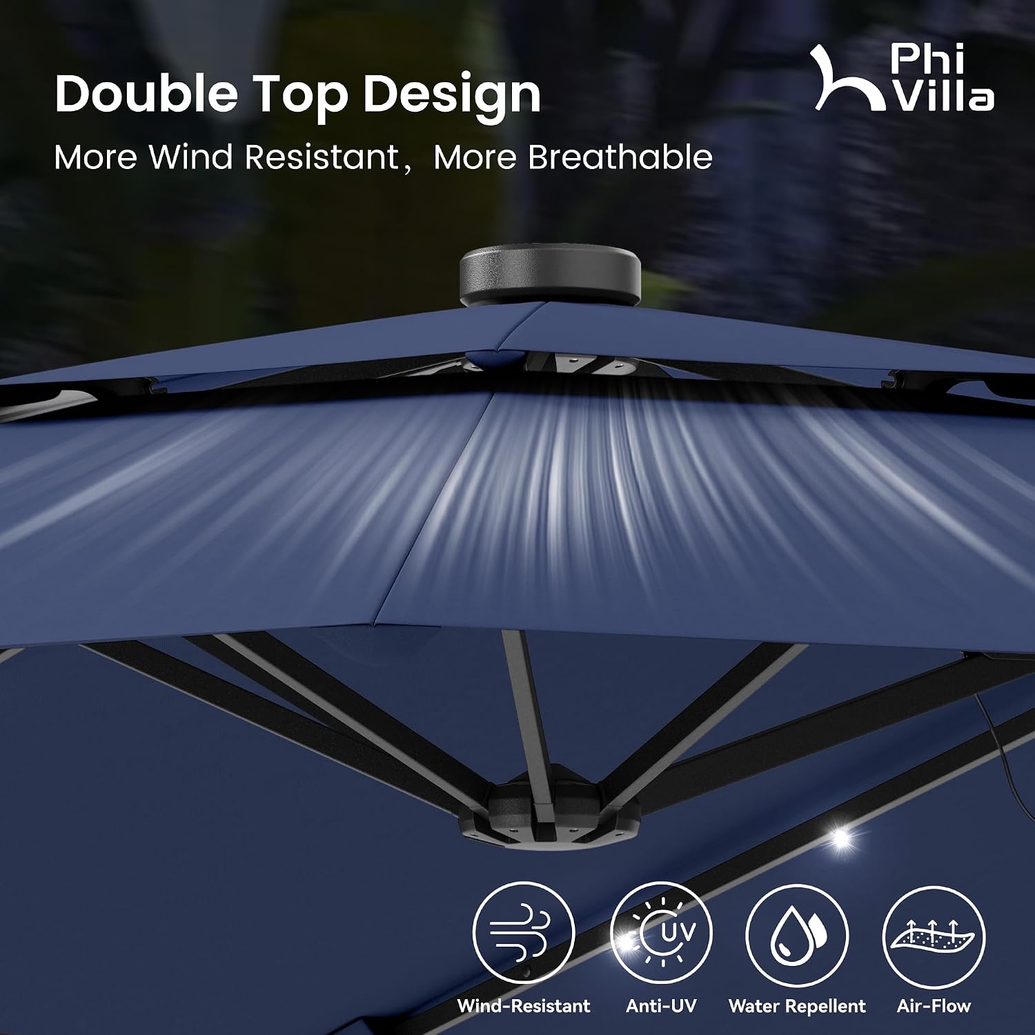 PHI VILLA 15ft 2-Tier Large Patio Umbrella with Solar Lights, Double-Sided Outdoor Market Rectangle Umbrellas with 36 LED Lights, Umbrella Base (Stand) Included, Blue