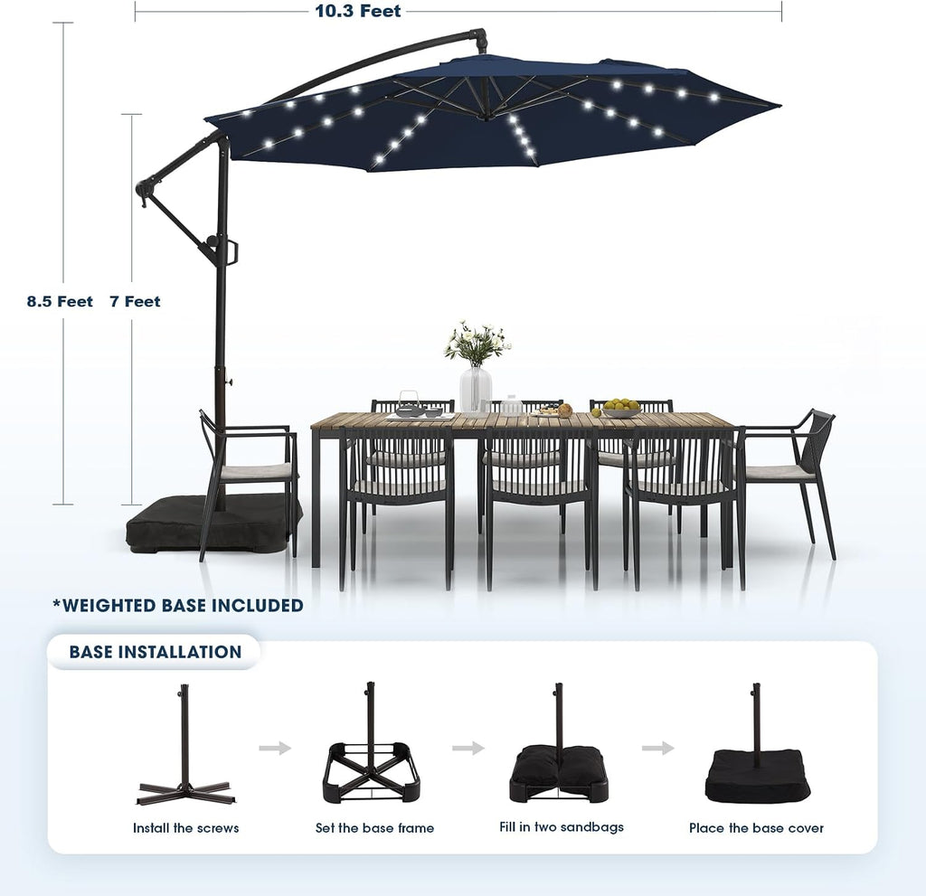 wikiwiki 10FT Solar Patio Offset Umbrella with Base Included, Outdoor Cantilever Umbrella Hanging Umbrellas with Weighted Sandbag Base, Market Patio Umbrella for Backyard, Garden & Deck, Dark Blue