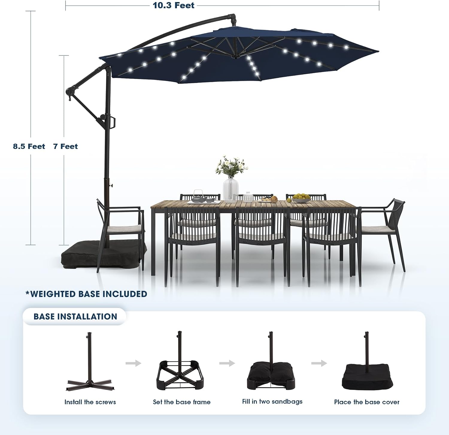 wikiwiki 10FT Solar Patio Offset Umbrella with Base Included, Outdoor Cantilever Umbrella Hanging Umbrellas with Weighted Sandbag Base, Market Patio Umbrella for Backyard, Garden & Deck, Dark Blue