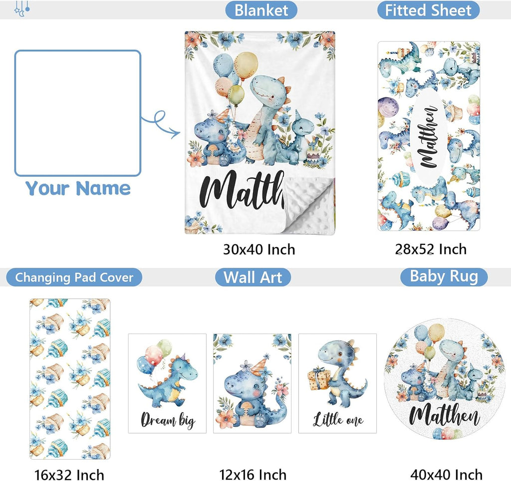 KAINSY Custom Crib Bedding Set 5 Piece for Baby Boys – Personalized Dinosaur Theme, Newborn Sleep Set, Nursery Decor, Toddler Room Essentials, Infant Sleep, Baby Room Accessories, Baby Gift