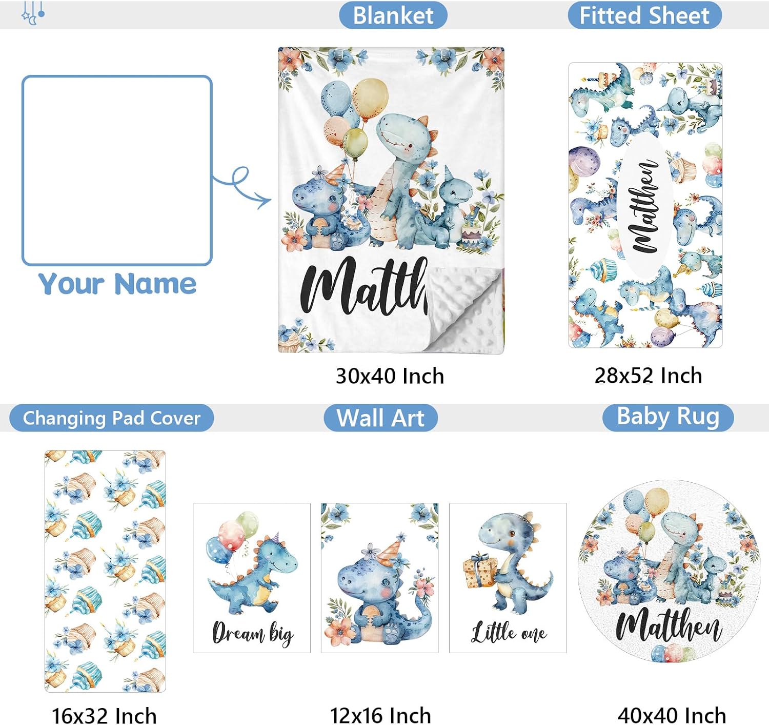 KAINSY Custom Crib Bedding Set 5 Piece for Baby Boys – Personalized Dinosaur Theme, Newborn Sleep Set, Nursery Decor, Toddler Room Essentials, Infant Sleep, Baby Room Accessories, Baby Gift