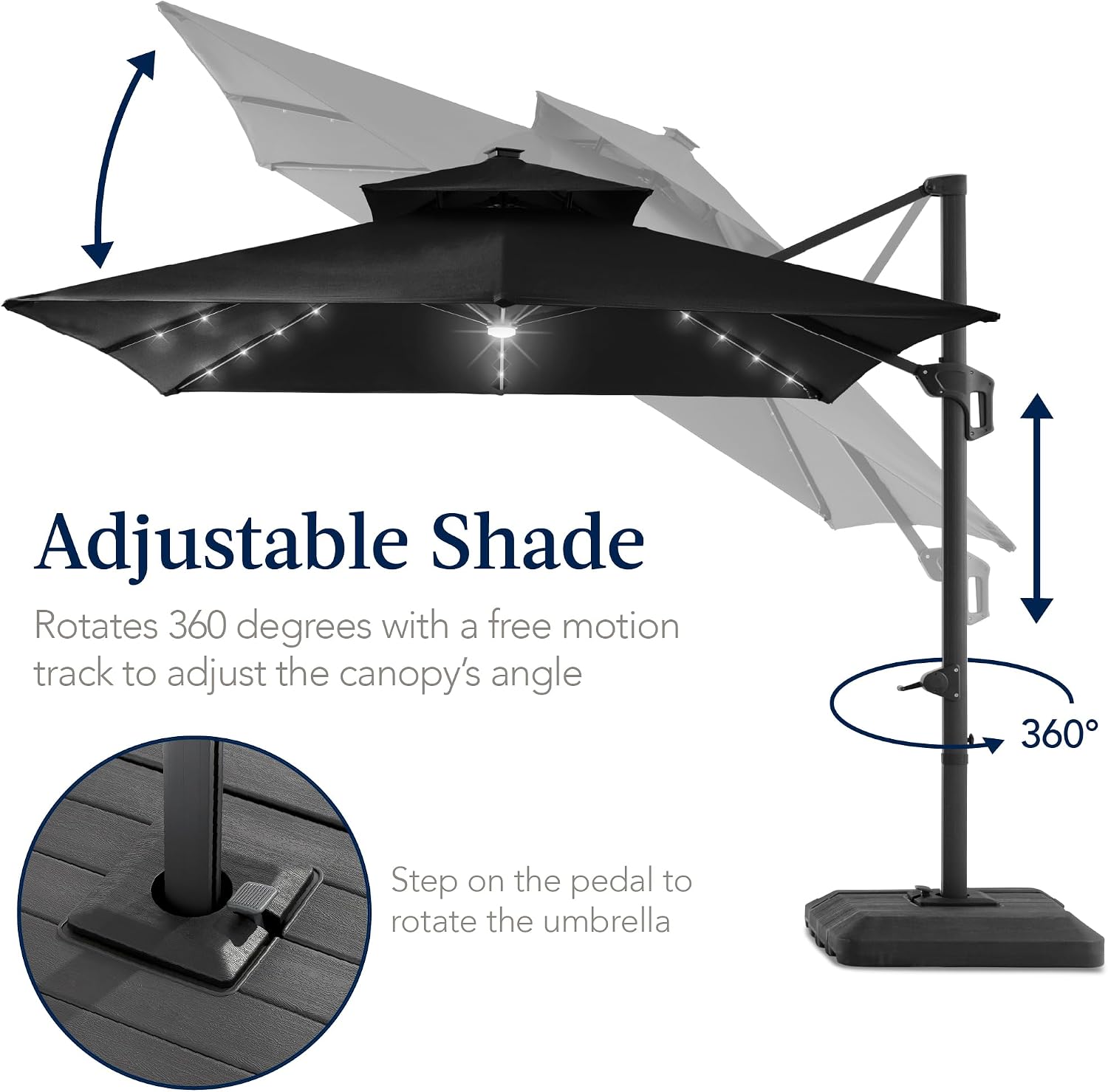 Best Choice Products 12x12ft LED Cantilever Patio Umbrella w/Base Included & 360° Rotation, Large Solar Offset Hanging Outdoor Sun Shade for Deck, Backyard Table w/Stand & Lights – Black