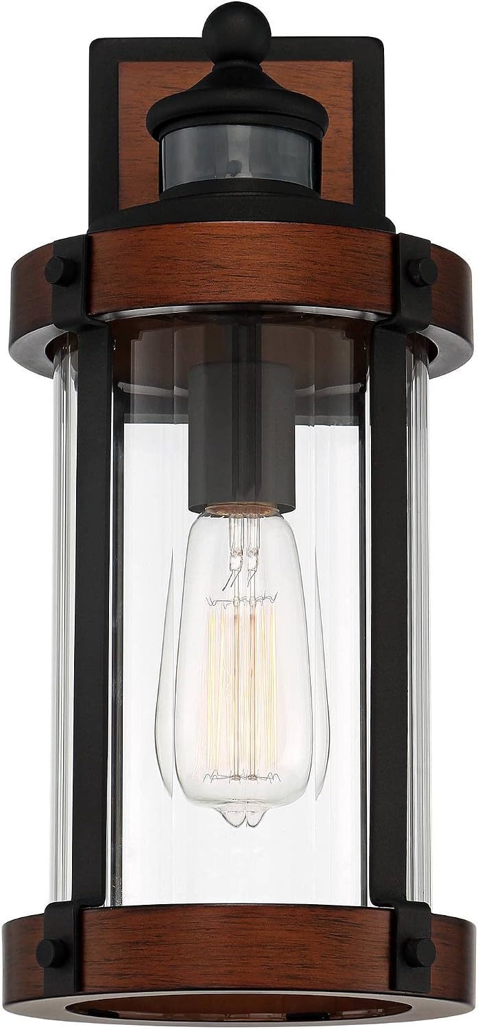 John Timberland Stan Industrial Outdoor Wall Light Fixtures Set of 2 Dark Faux Wood Black Metal Motion Sensor 15 1/2' Clear Glass for Cottage Core Post Exterior Barn Deck House Porch Yard Garage